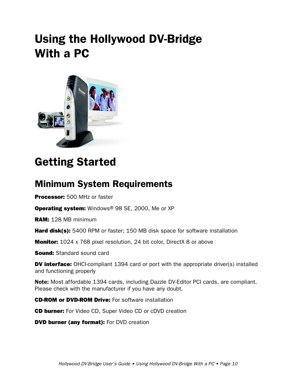 Using the hollywood dv-bridge with a pc, Getting started, Minimum system requirements | RCA Hollywood DV-Bridge User Manual | Page 10 / 63