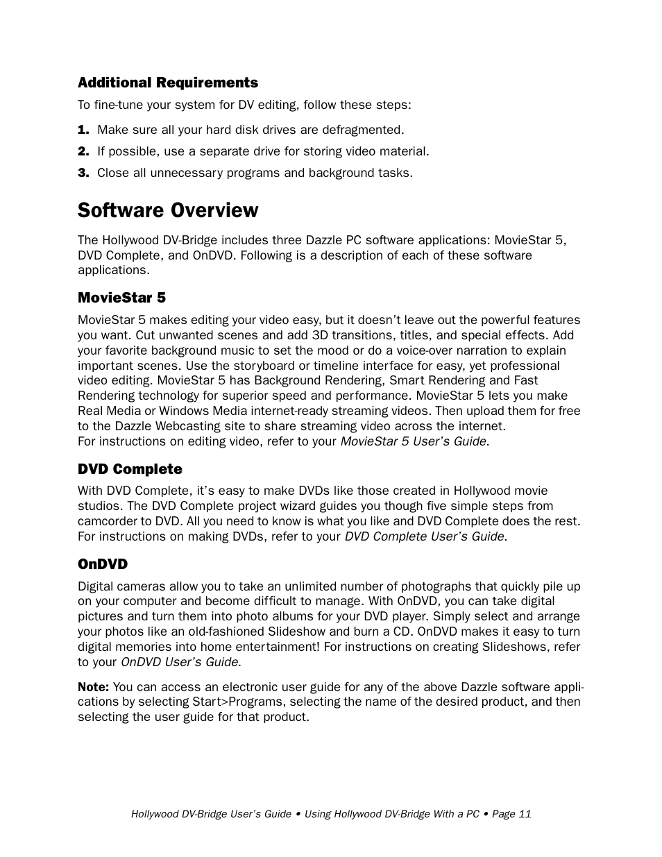 Additional requirements, Software overview, Moviestar 5 | Dvd complete, Ondvd | RCA Hollywood DV-Bridge User Manual | Page 11 / 63