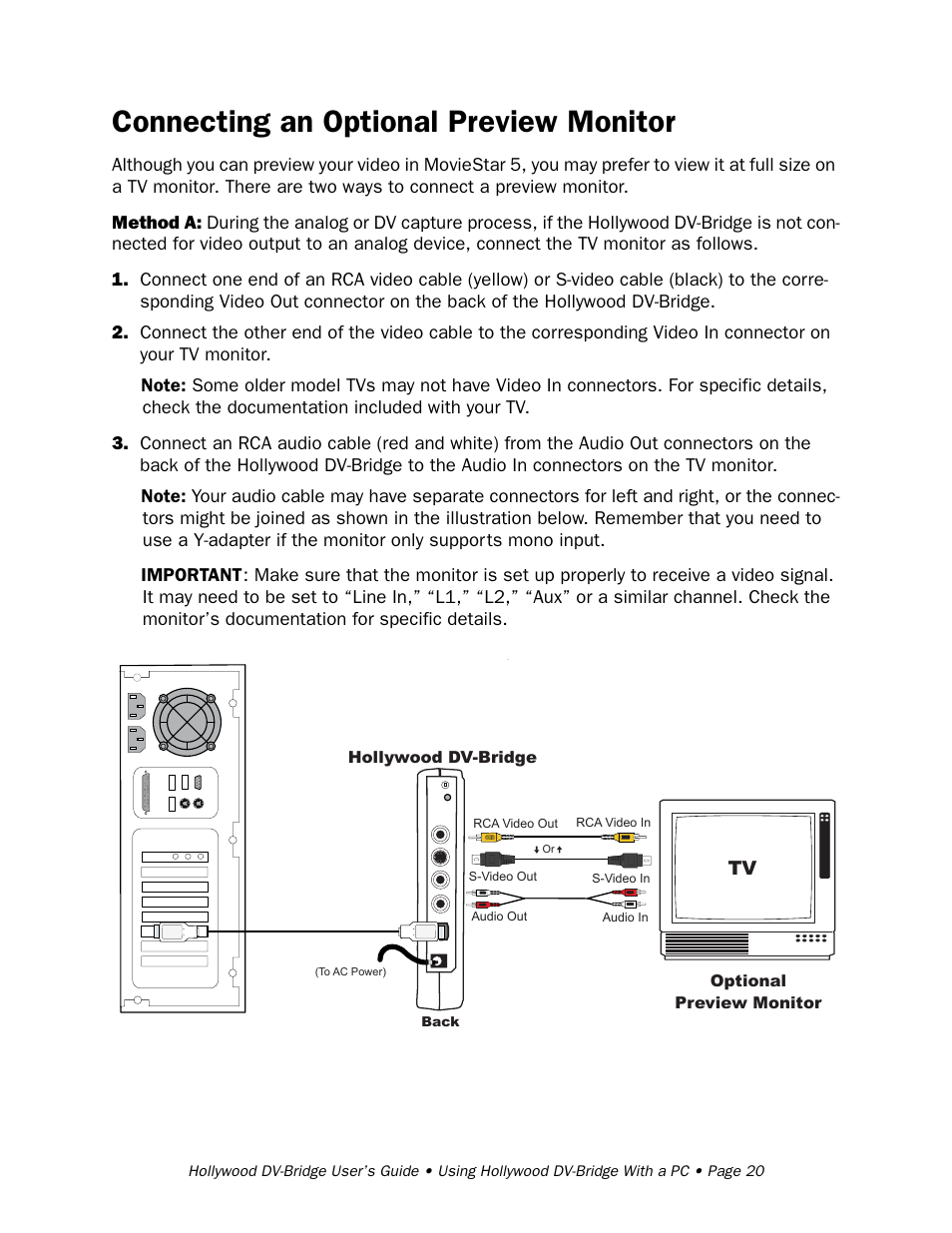 Connecting an optional preview monitor | RCA Hollywood DV-Bridge User Manual | Page 20 / 63