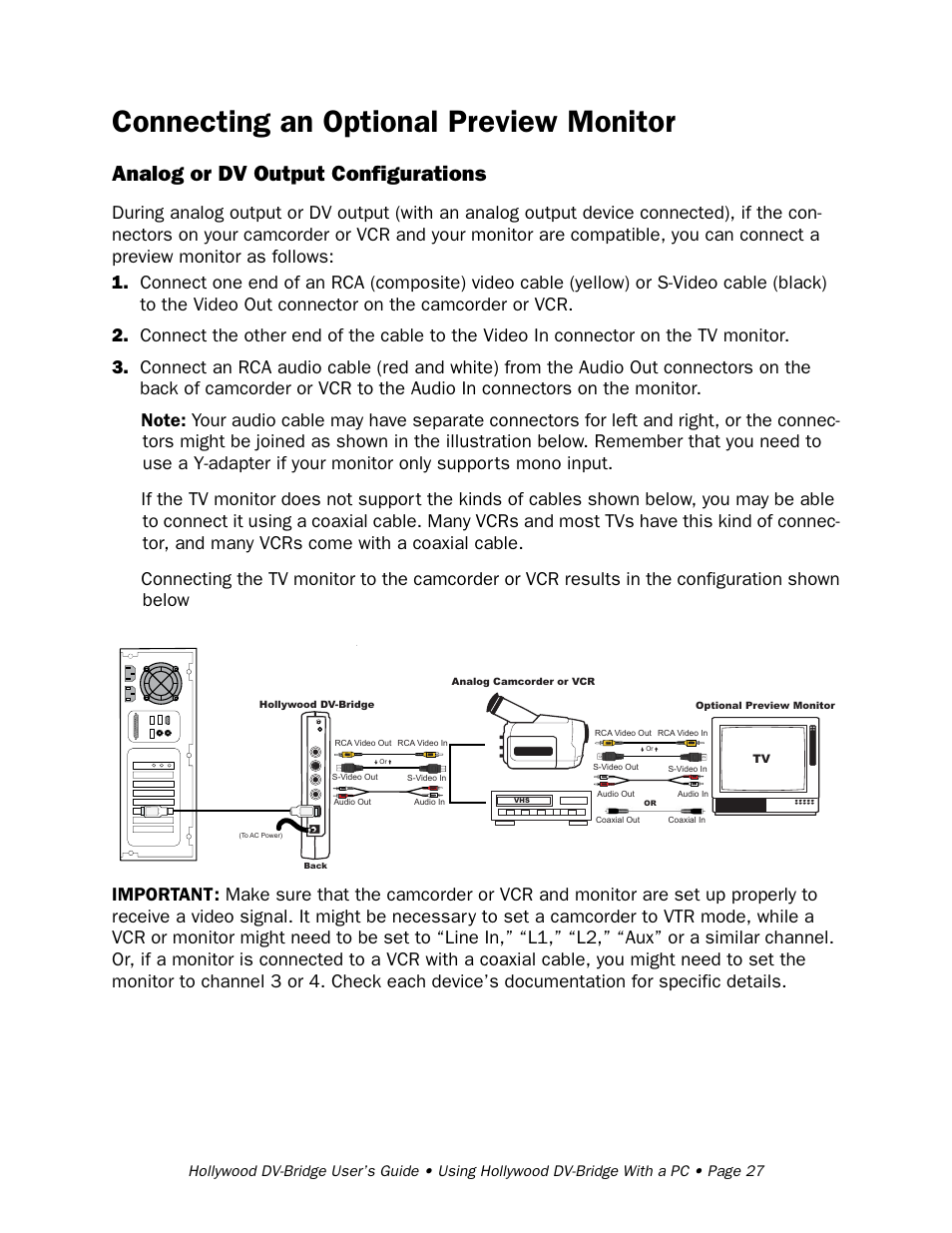 Connecting an optional preview monitor, Analog or dv output configurations | RCA Hollywood DV-Bridge User Manual | Page 27 / 63