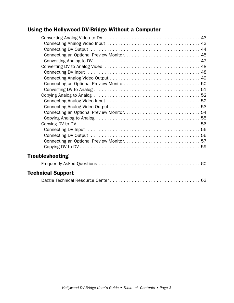 Using the hollywood dv-bridge without a computer, Troubleshooting, Technical support | RCA Hollywood DV-Bridge User Manual | Page 3 / 63