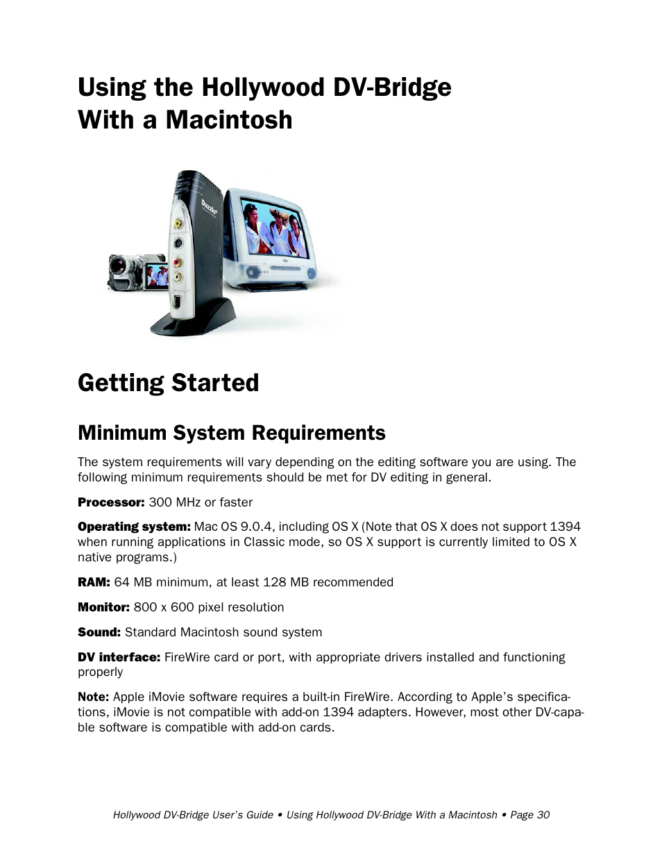 Using the hollywood dv-bridge with a macintosh, Getting started, Minimum system requirements | RCA Hollywood DV-Bridge User Manual | Page 30 / 63
