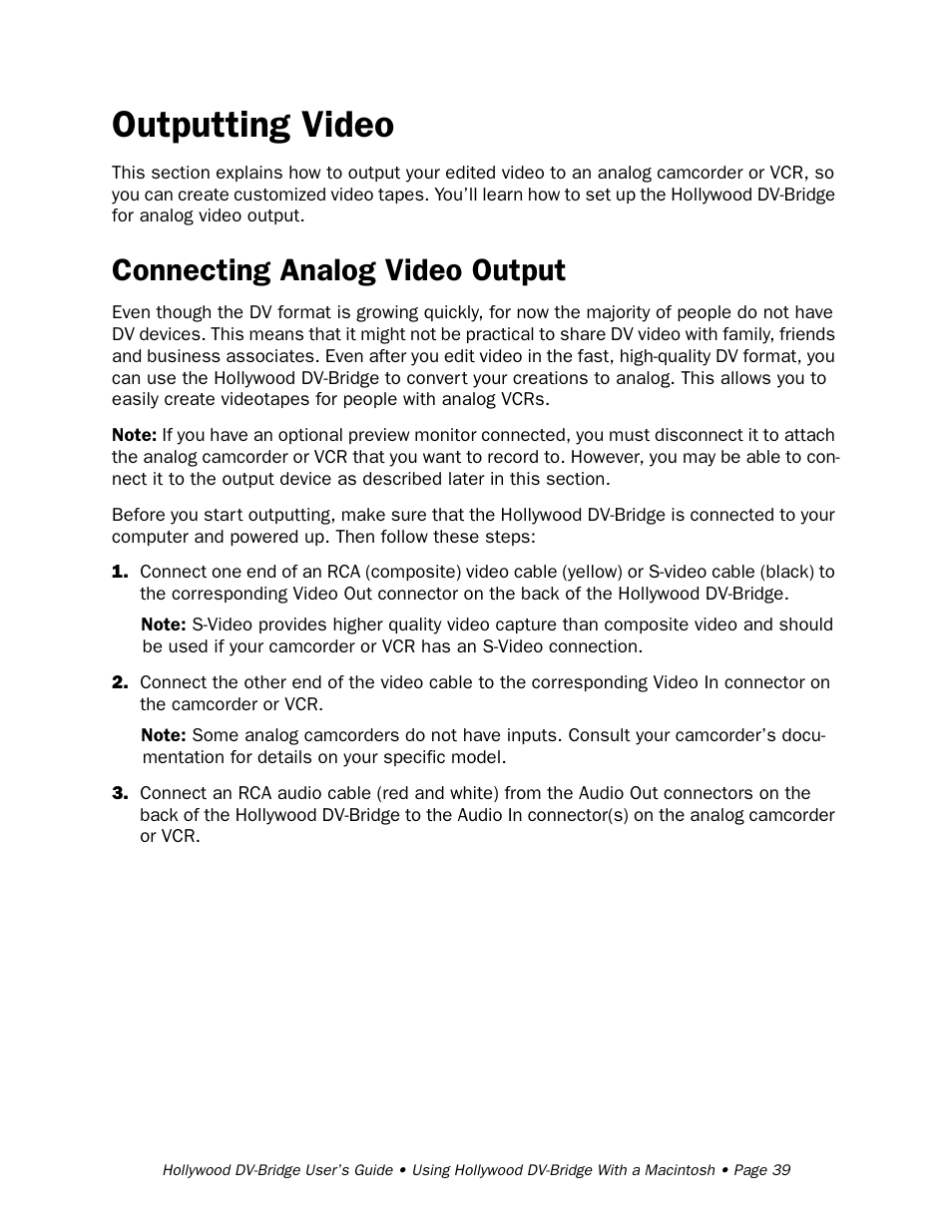 Outputting video, Connecting analog video output | RCA Hollywood DV-Bridge User Manual | Page 39 / 63