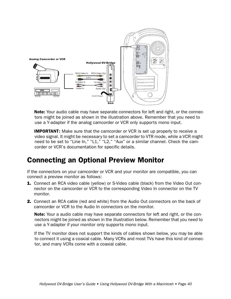 Connecting an optional preview monitor | RCA Hollywood DV-Bridge User Manual | Page 40 / 63