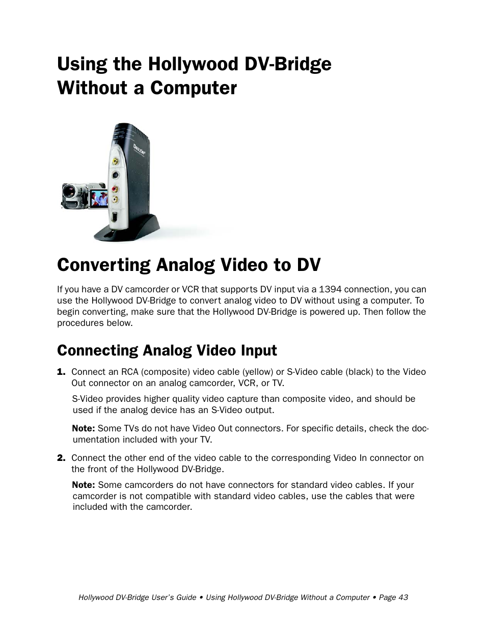 Using the hollywood dv-bridge without a computer, Converting analog video to dv, Connecting analog video input | RCA Hollywood DV-Bridge User Manual | Page 43 / 63