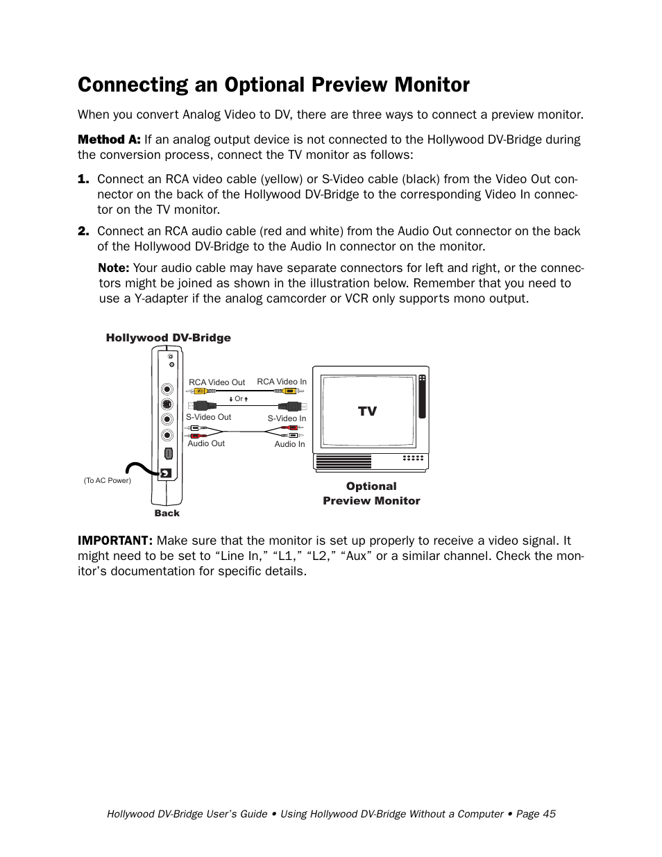 Connecting an optional preview monitor | RCA Hollywood DV-Bridge User Manual | Page 45 / 63