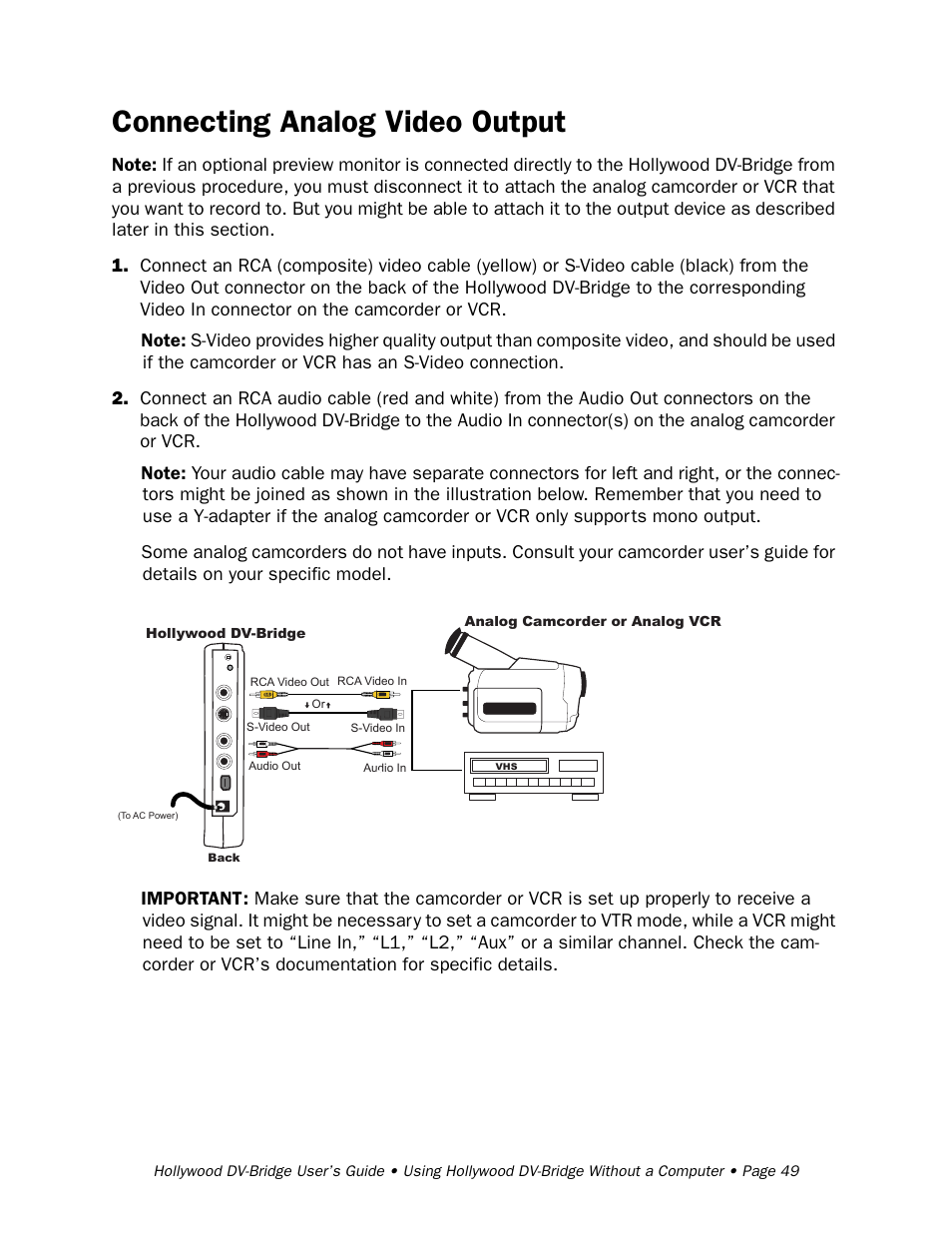 Connecting analog video output | RCA Hollywood DV-Bridge User Manual | Page 49 / 63