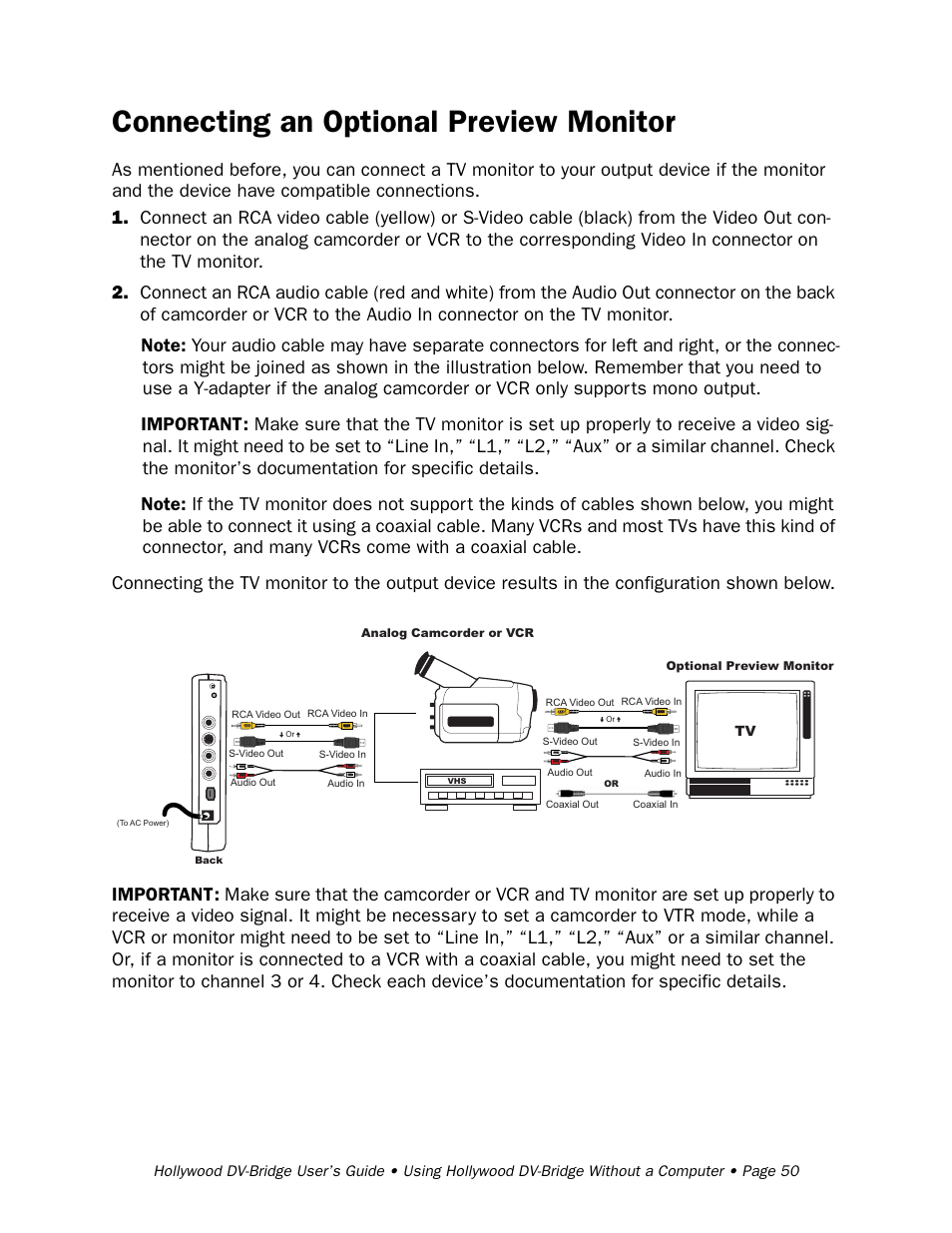 Connecting an optional preview monitor | RCA Hollywood DV-Bridge User Manual | Page 50 / 63