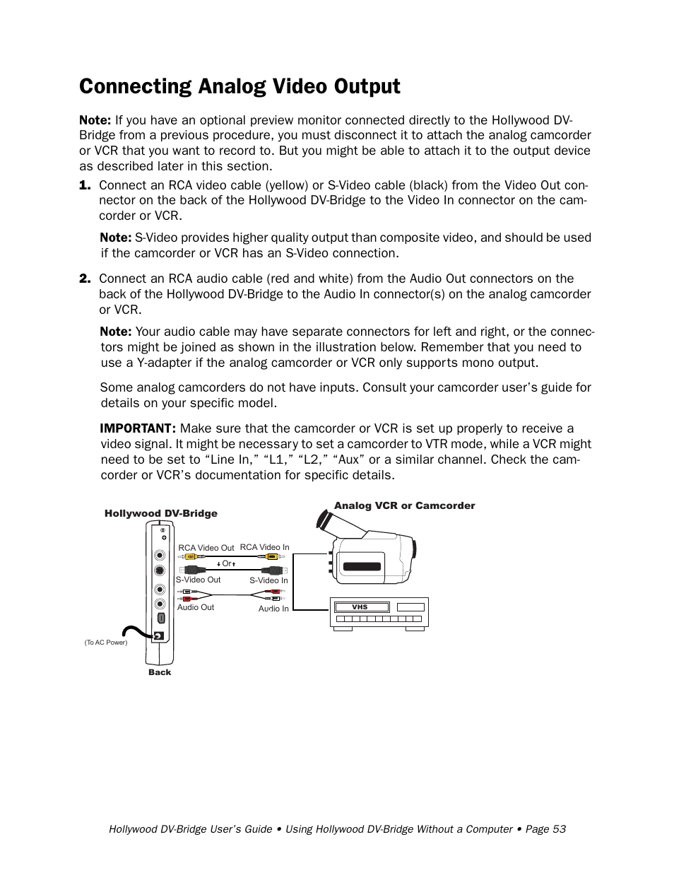 Connecting analog video output | RCA Hollywood DV-Bridge User Manual | Page 53 / 63