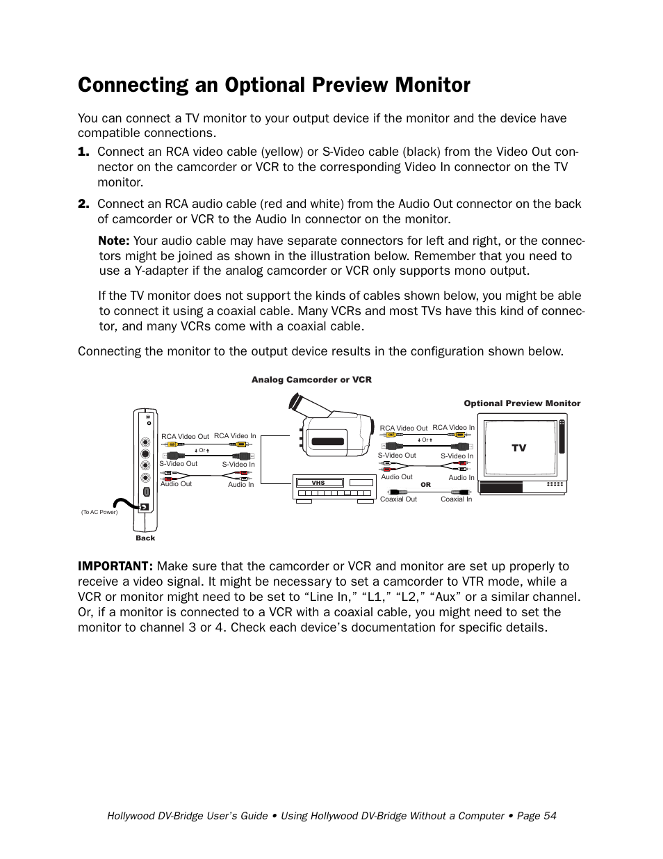 Connecting an optional preview monitor | RCA Hollywood DV-Bridge User Manual | Page 54 / 63