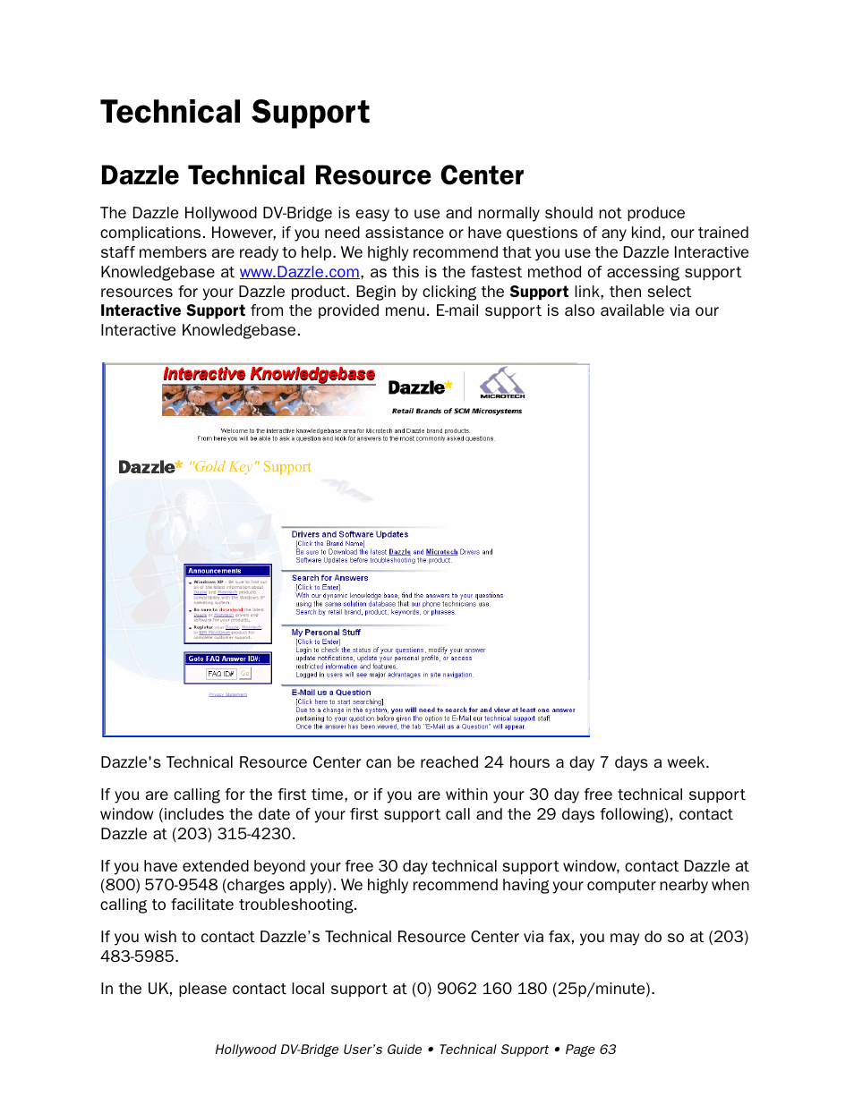 Technical support, Dazzle technical resource center | RCA Hollywood DV-Bridge User Manual | Page 63 / 63