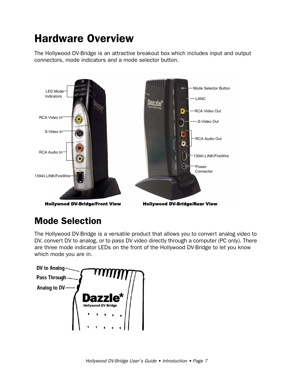 Hardware overview, Mode selection | RCA Hollywood DV-Bridge User Manual | Page 7 / 63