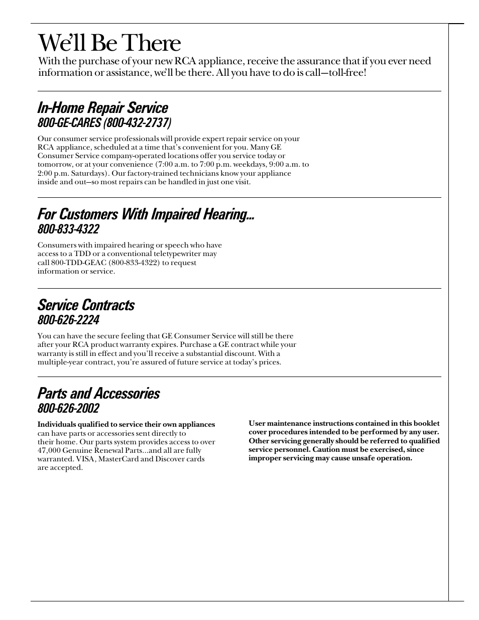 Consumer services, We’ll be there, In-home repair service | Service contracts, Parts and accessories, For customers with impaired hearing | RCA PSD430 User Manual | Page 19 / 20