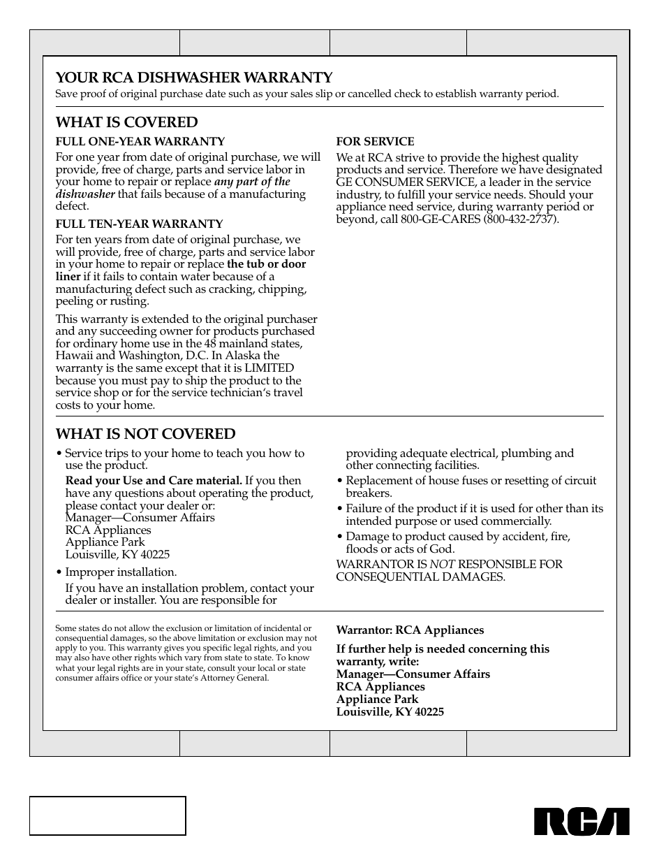 Warranty, Back cover, Your rca dishwasher warranty | What is covered, What is not covered | RCA PSD430 User Manual | Page 20 / 20