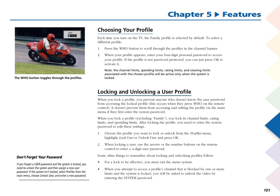 Choosing your profile, Locking and unlocking a user profile, Chapter 5 features | RCA Scenium L50000 User Manual | Page 105 / 178