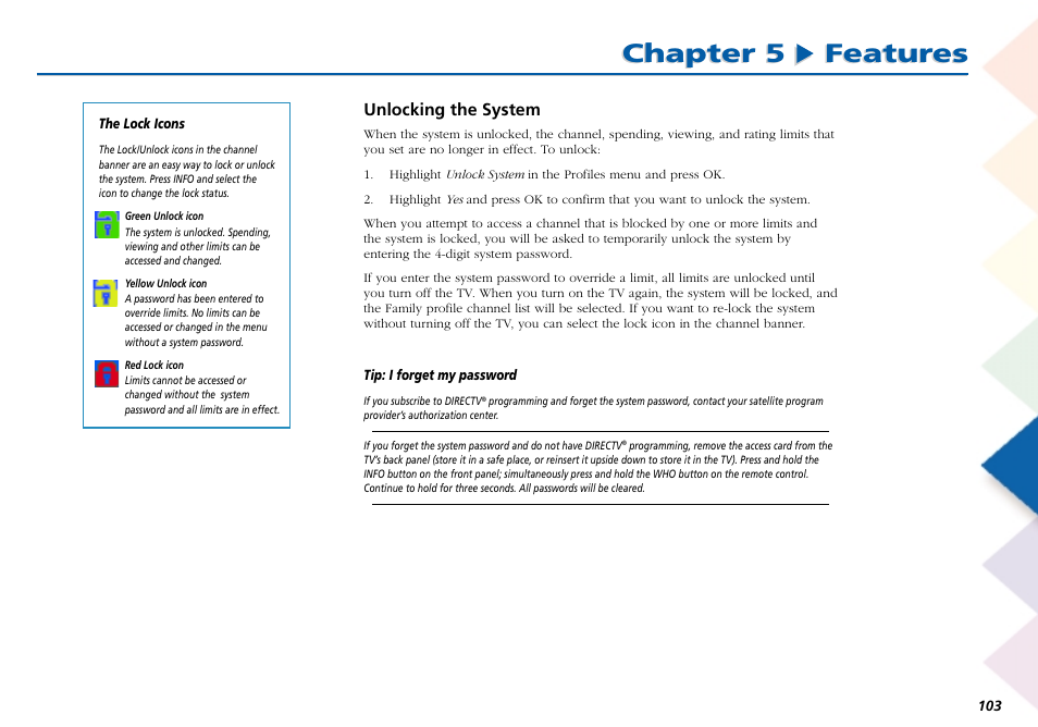 Chapter 5 features, Unlocking the system | RCA Scenium L50000 User Manual | Page 107 / 178