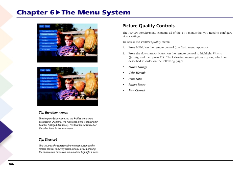 Picture quality controls, Picture settings, Chapter 6 the menu system | RCA Scenium L50000 User Manual | Page 110 / 178