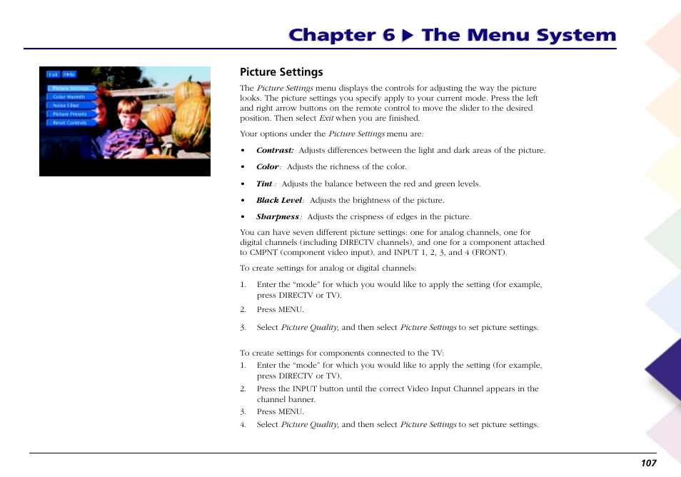 Picture settings, Color warmth, Chapter 6 the menu system | RCA Scenium L50000 User Manual | Page 111 / 178