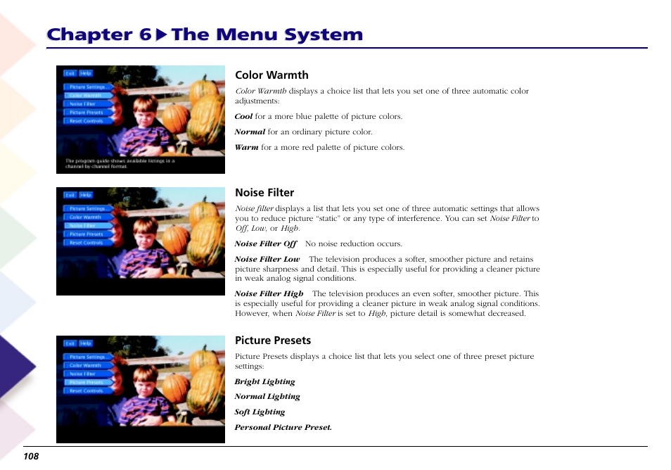 Color warmth, Noise filter, Picture presets | Noise filter picture presets, Chapter 6 the menu system | RCA Scenium L50000 User Manual | Page 112 / 178