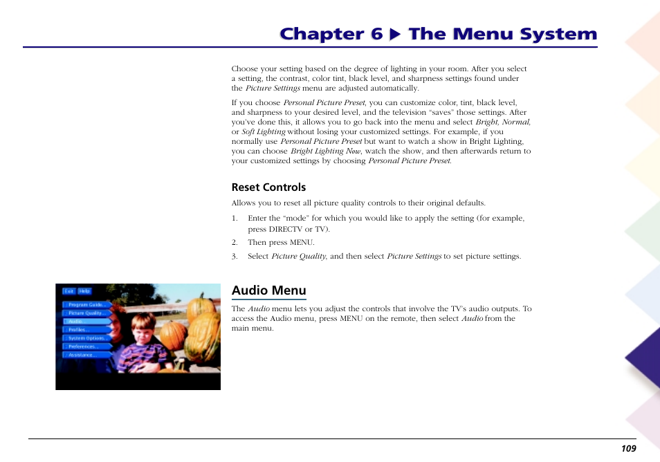 Reset controls, Audio menu, Mute | Chapter 6 the menu system | RCA Scenium L50000 User Manual | Page 113 / 178