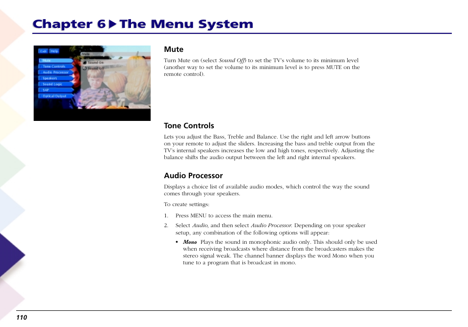 Mute, Tone controls, Audio processor | Tone controls audio processor, Chapter 6 the menu system | RCA Scenium L50000 User Manual | Page 114 / 178