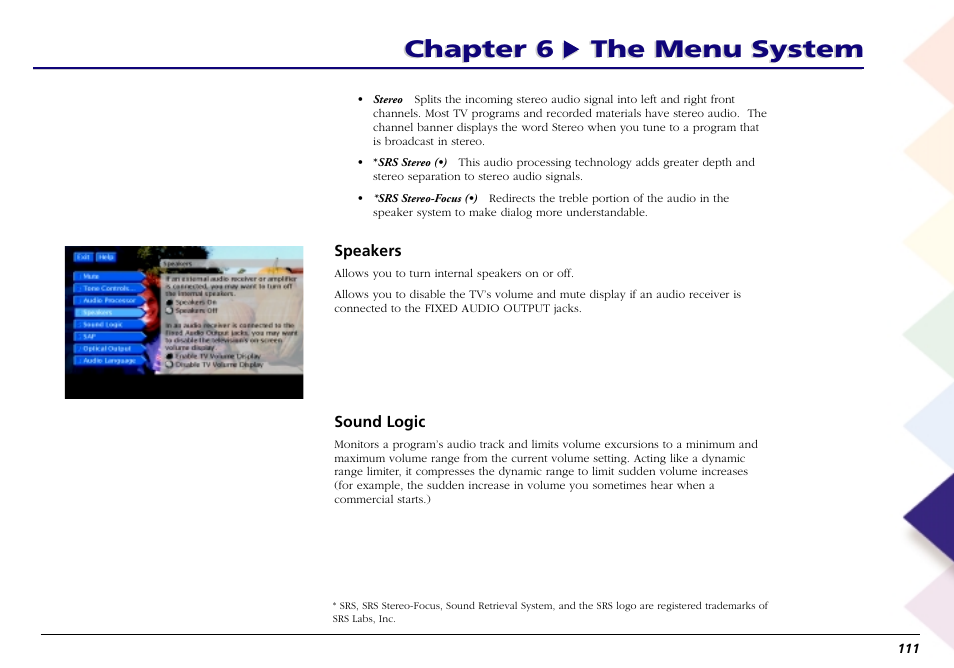 Speakers, Sound logic, Sap (second audio program) | Chapter 6 the menu system | RCA Scenium L50000 User Manual | Page 115 / 178