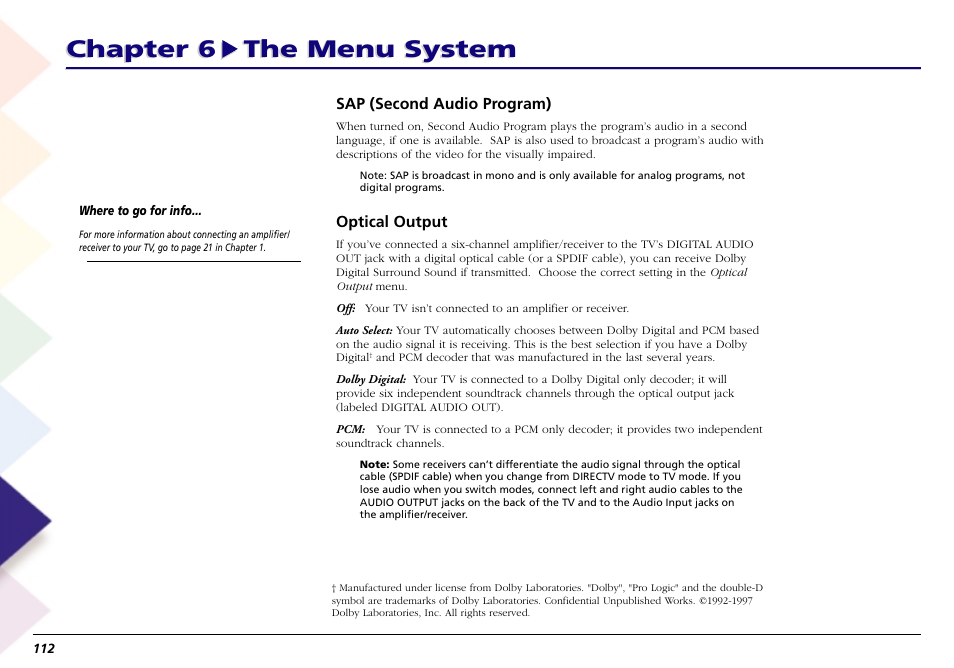 Sap (second audio program), Optical output, Audio language | Chapter 6 the menu system | RCA Scenium L50000 User Manual | Page 116 / 178