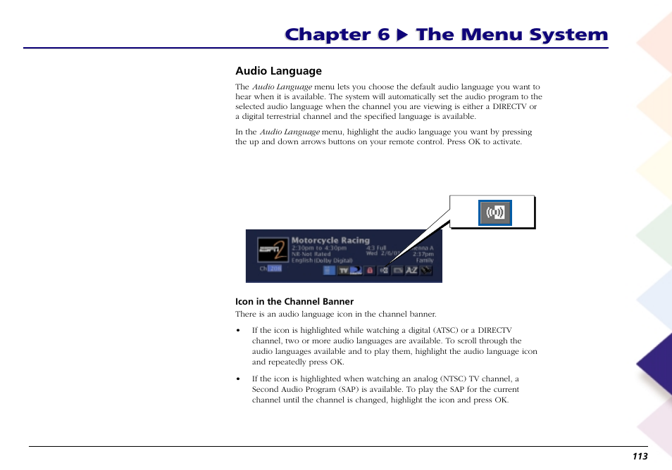 Audio language, System options menu, Chapter 6 the menu system | RCA Scenium L50000 User Manual | Page 117 / 178