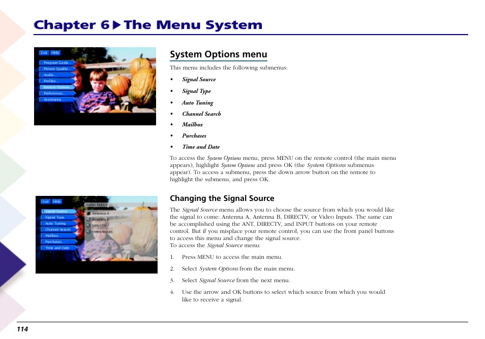 System options menu, Changing the signal source, Chapter 6 the menu system | RCA Scenium L50000 User Manual | Page 118 / 178