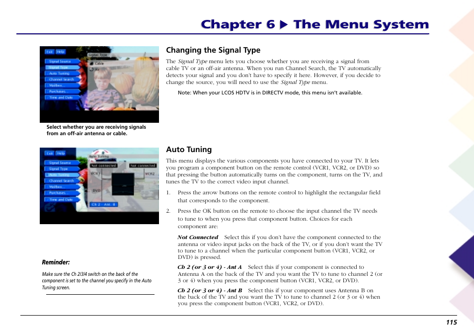 Changing the signal type, Auto tuning, Chapter 6 the menu system | RCA Scenium L50000 User Manual | Page 119 / 178