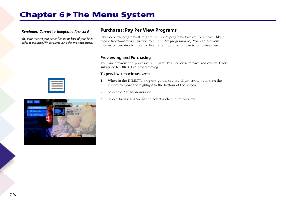 Purchases: pay per view programs, Chapter 6 the menu system | RCA Scenium L50000 User Manual | Page 122 / 178