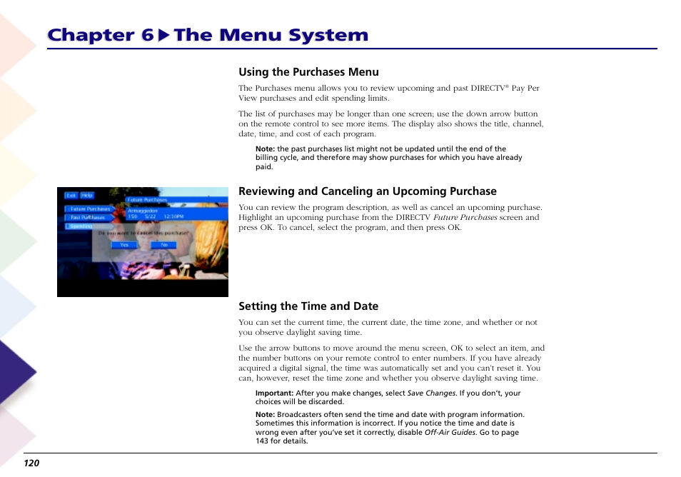 Using the purchases menu, Reviewing and canceling an upcoming purchase, Setting the time and date | Chapter 6 the menu system | RCA Scenium L50000 User Manual | Page 124 / 178