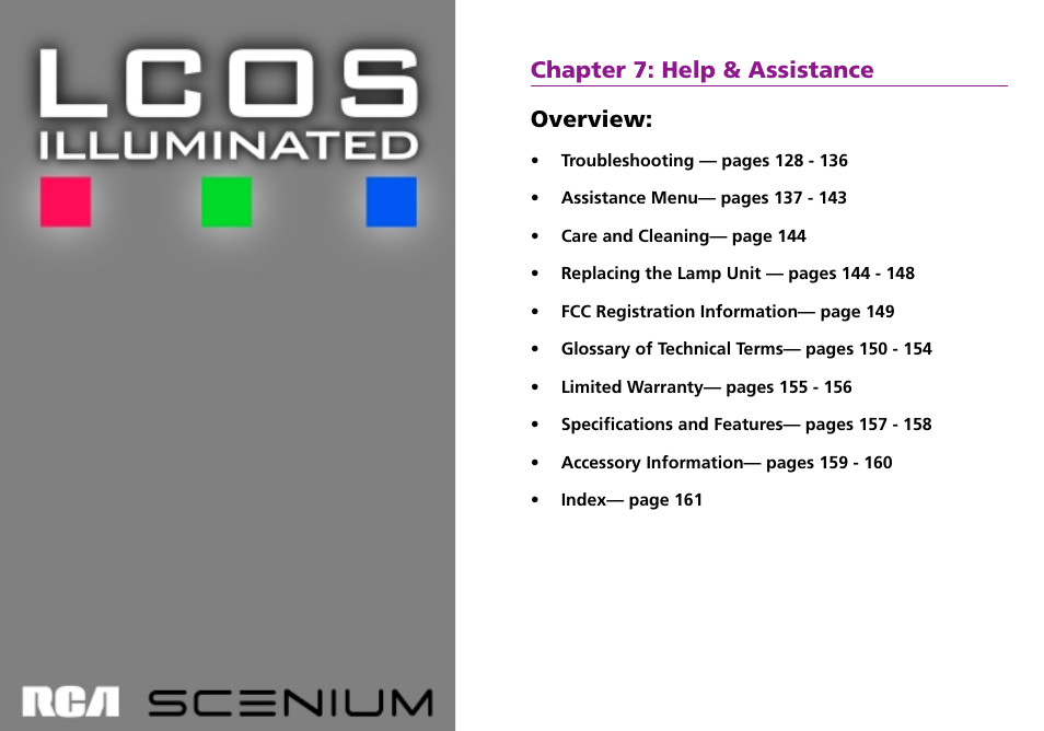 Overview, Chapter 7: help & assistance | RCA Scenium L50000 User Manual | Page 131 / 178