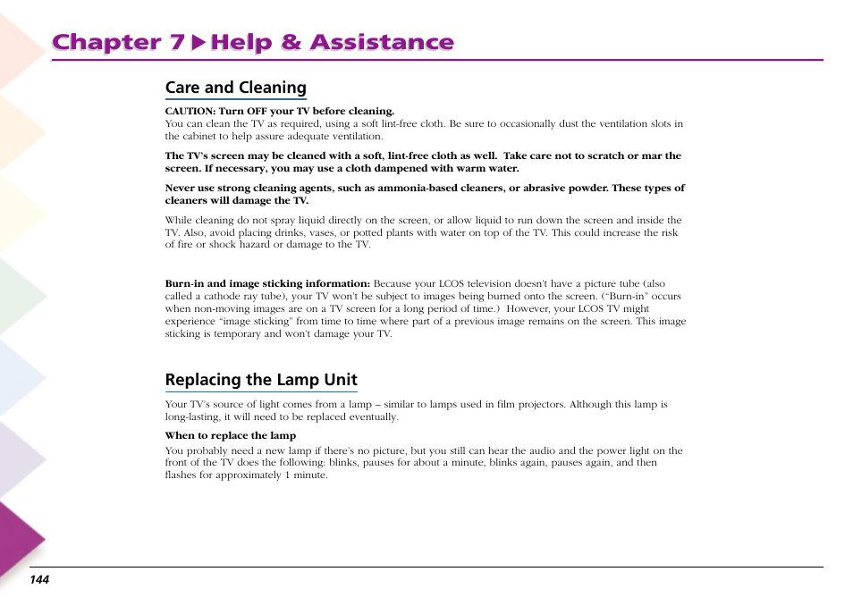 Replacing the lamp unit, Chapter 7 help & assistance, Care and cleaning | RCA Scenium L50000 User Manual | Page 148 / 178