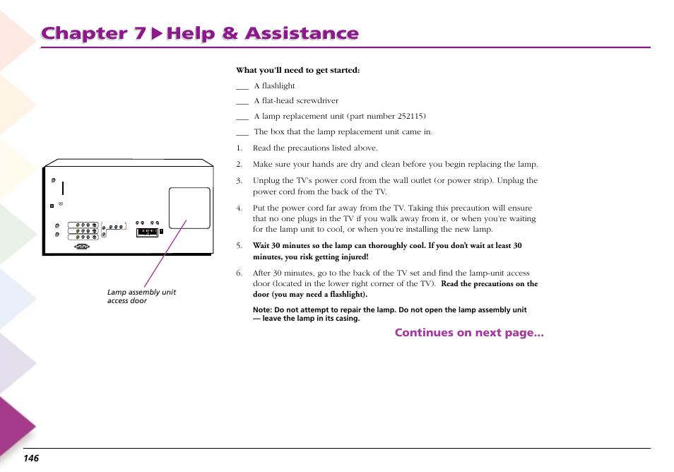 Chapter 7 help & assistance, Continues on next page, Lamp assembly unit access door | RCA Scenium L50000 User Manual | Page 150 / 178