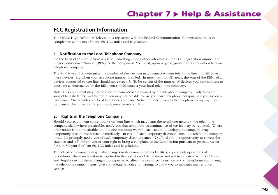 Fcc registration information, Chapter 7 help & assistance | RCA Scenium L50000 User Manual | Page 153 / 178