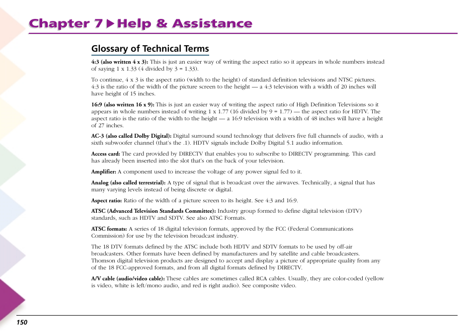 Glossary of technical terms, Chapter 7 help & assistance | RCA Scenium L50000 User Manual | Page 154 / 178