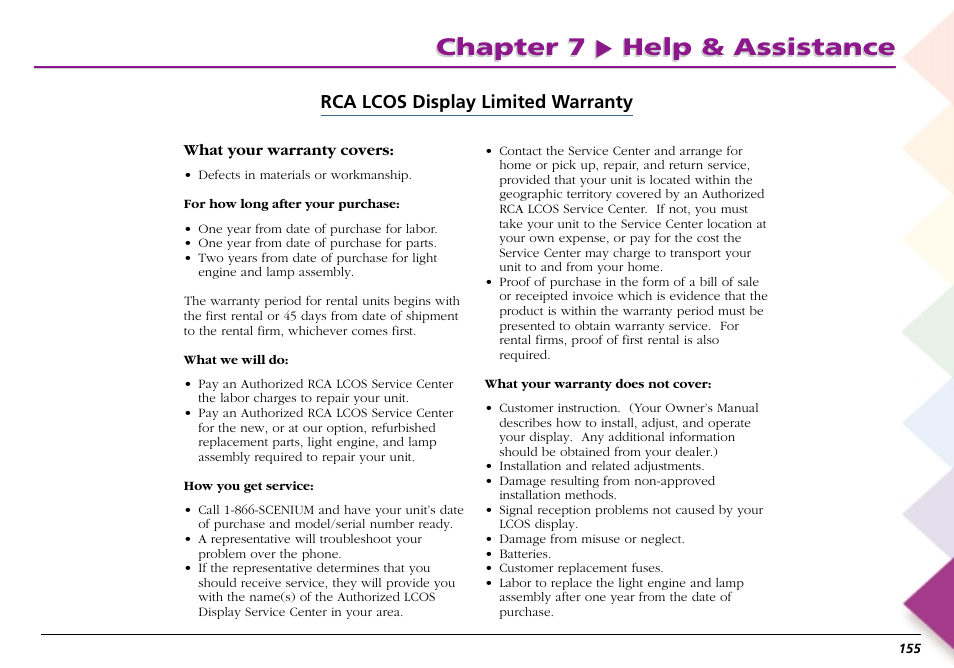 Rca lcos display limited warranty, Chapter 7 help & assistance | RCA Scenium L50000 User Manual | Page 159 / 178