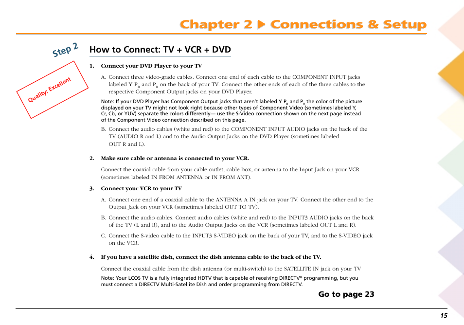 Chapter 2 connections & setup, How to connect: tv + vcr + dvd, Step 2 | Go to page 23 | RCA Scenium L50000 User Manual | Page 19 / 178