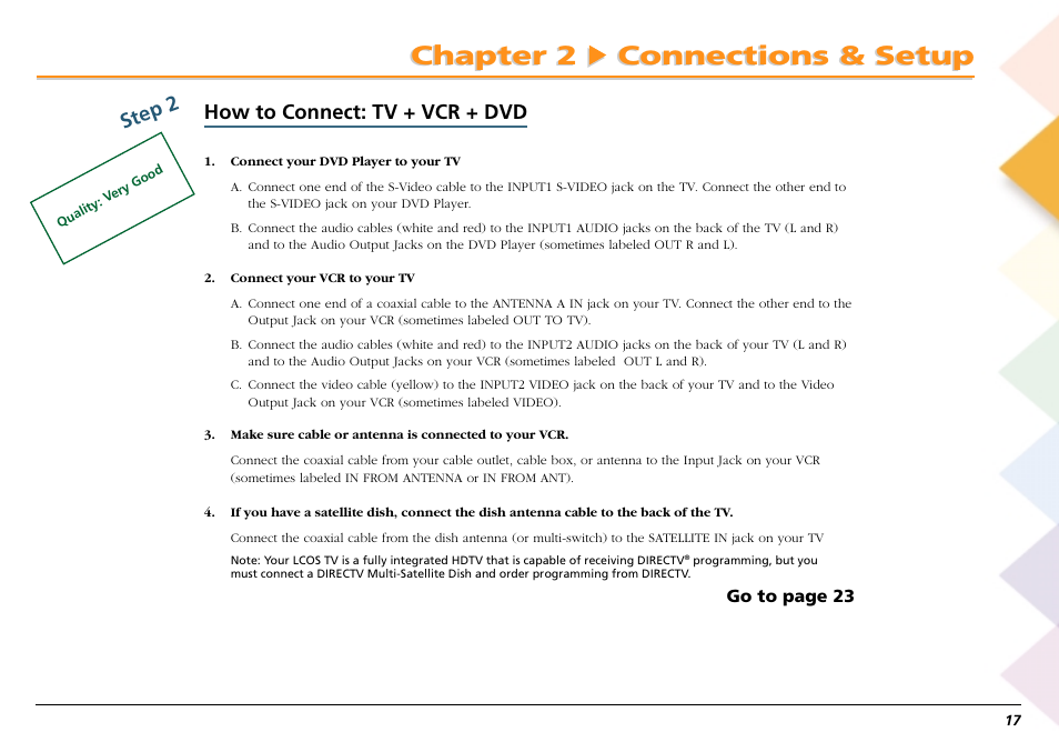 Chapter 2 connections & setup, How to connect: tv + vcr + dvd, Step 2 | RCA Scenium L50000 User Manual | Page 21 / 178