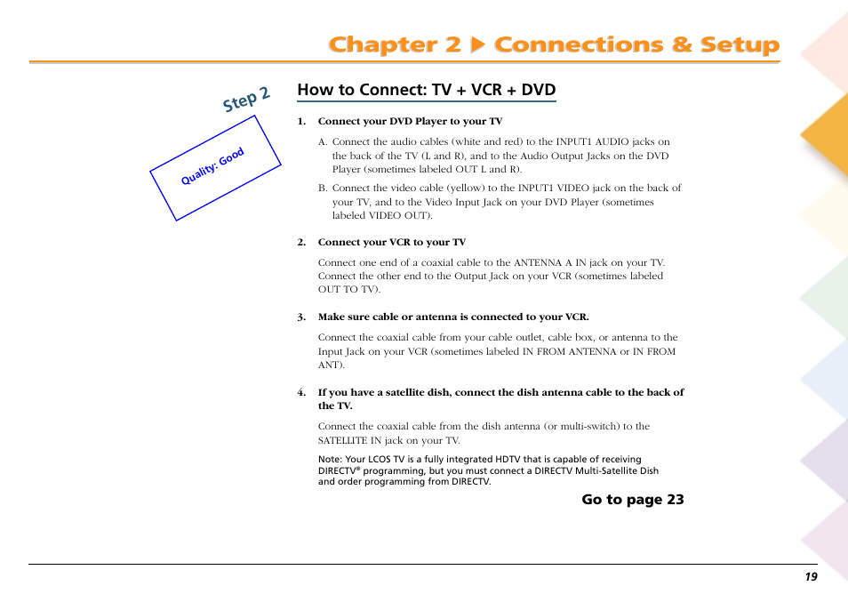 Chapter 2 connections & setup, How to connect: tv + vcr + dvd, Step 2 | RCA Scenium L50000 User Manual | Page 23 / 178