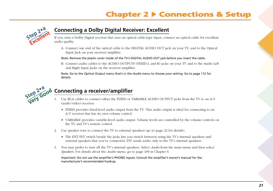 Connecting a receiver/amplifier, Chapter 2 connections & setup, Connecting a dolby digital receiver: excellent | Step 2 •a excellent step 2 •a ve ry good | RCA Scenium L50000 User Manual | Page 25 / 178