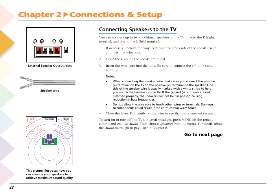 Connecting speakers to the tv, Chapter 2 connections & setup, Go to next page | RCA Scenium L50000 User Manual | Page 26 / 178