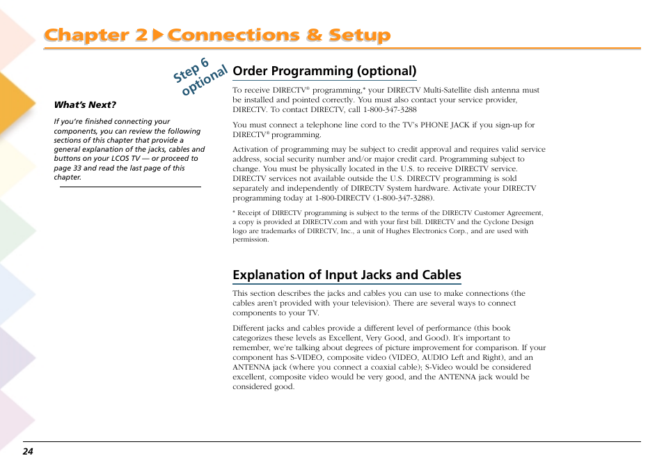 Order programming (optional), Explanation of input jacks and cables, Chapter 2 connections & setup | Step 6 optional | RCA Scenium L50000 User Manual | Page 28 / 178