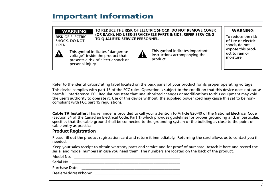 Product registration, Important information | RCA Scenium L50000 User Manual | Page 3 / 178