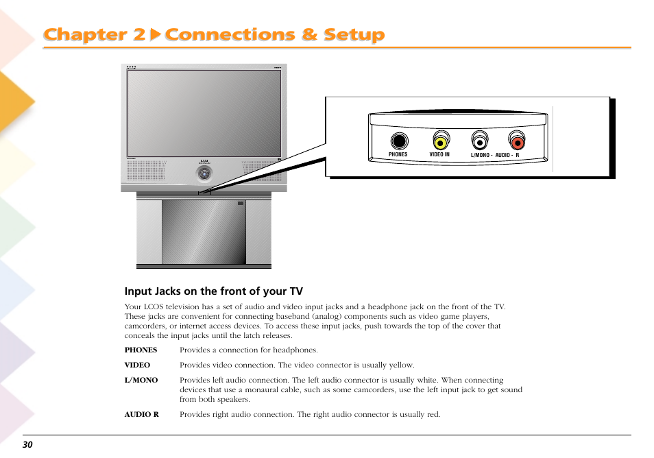 Input jacks on the front of your tv, Chapter 2 connections & setup | RCA Scenium L50000 User Manual | Page 34 / 178