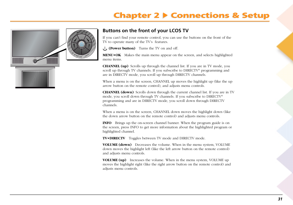 Buttons on the front of your lcos tv, Chapter 2 connections & setup | RCA Scenium L50000 User Manual | Page 35 / 178