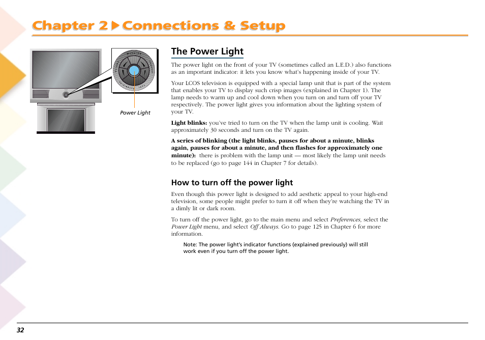 The power light, Chapter 2 connections & setup | RCA Scenium L50000 User Manual | Page 36 / 178