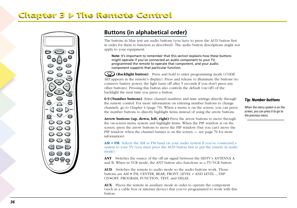 Chapter 3: the remote control, Buttons (in alphabetical order), Chapter 3 the remote control | Tip: number buttons | RCA Scenium L50000 User Manual | Page 40 / 178