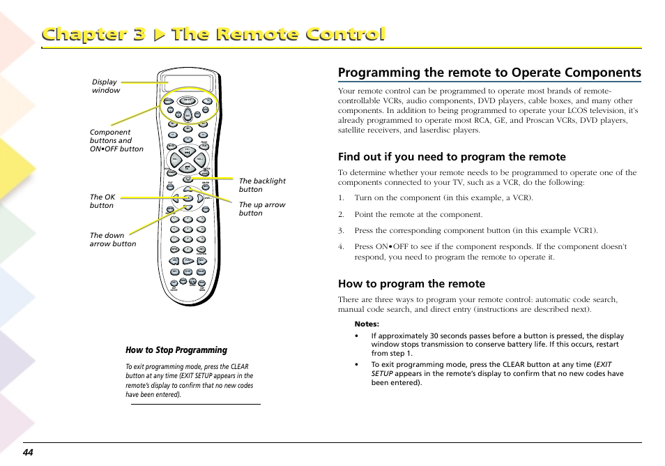 Programming the remote to operate components, Chapter 3 the remote control, Find out if you need to program the remote | How to program the remote, How to stop programming | RCA Scenium L50000 User Manual | Page 48 / 178